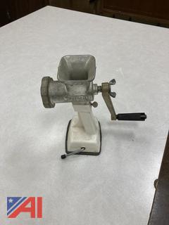 Antique Meat Grinder, Jars, French Fry Cutter, Glass Pots